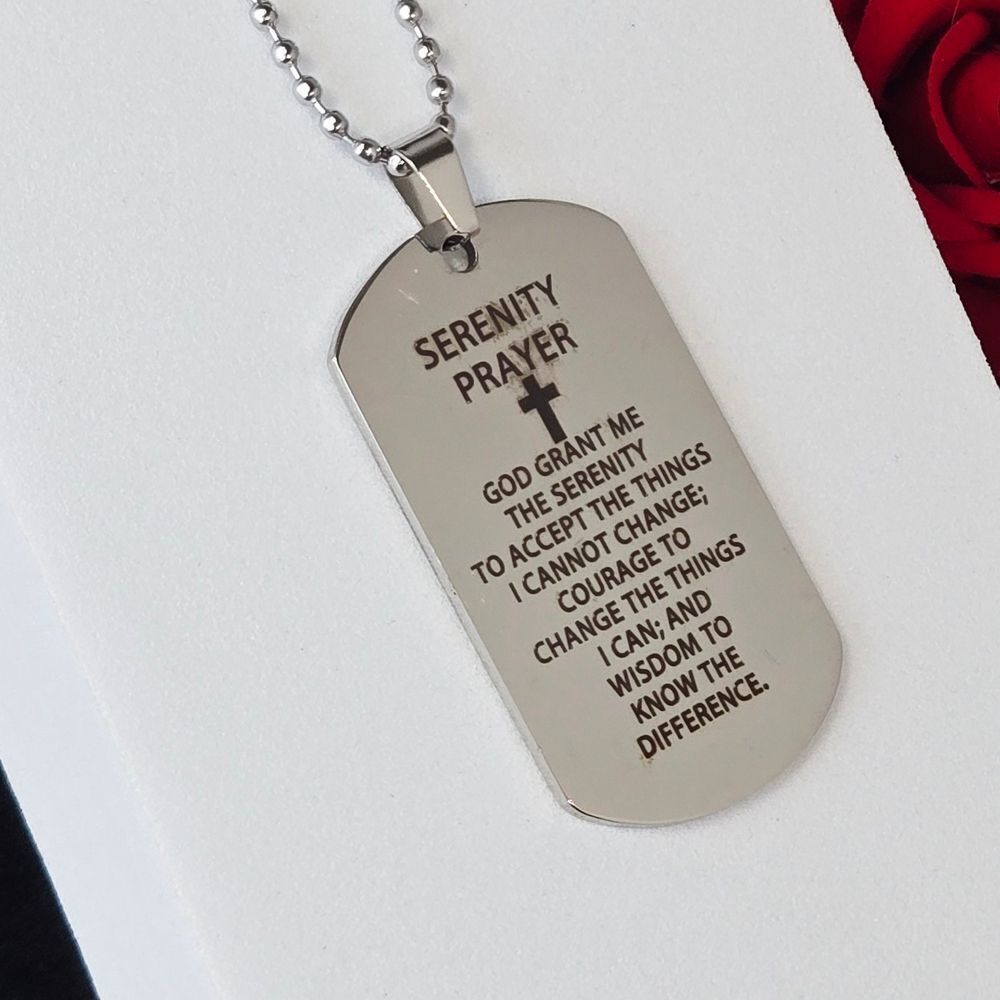 Serenity Prayer Dog Tag Necklace Stainless Steel 24" Beaded Chain Faith Everyday